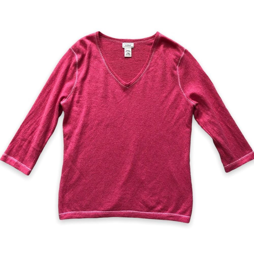 L.L. BEAN size L 100% Cashmere v neck sweater top 3/4 length sleeve red pink 169